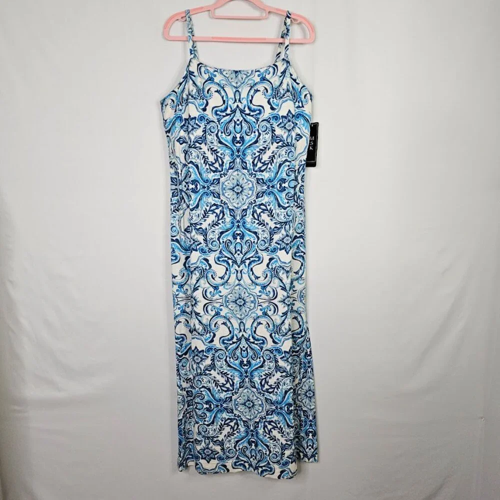 NWT MSK Linen Midi Dress SPELLBOUND BLUE & WHITE FLORAL size L 12-14 Sundress - Picture 4 of 12